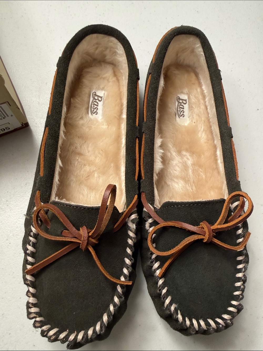 Bass Dark Green Suede Moccasins with Brown Lace Trim